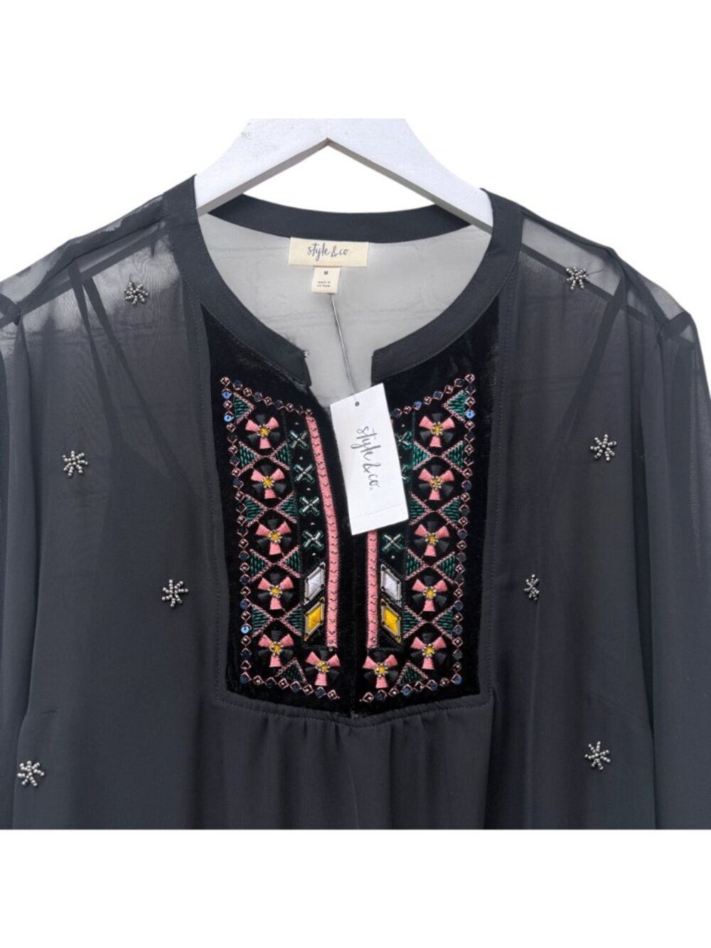 Style & Co Boho Blouse Size Medium Black Embroidered Chiffon Womens Top NWT - Picture 2 of 11